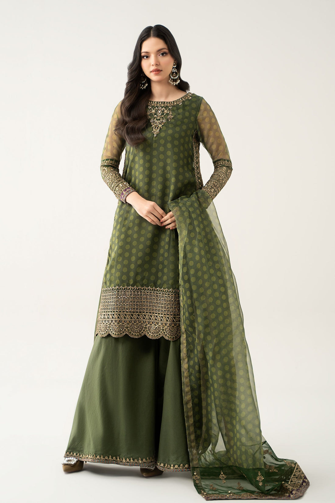 Maria B | Pre Fall Dresses | 3 Piece Embroidered Suit Deep Olive Green - House Of Hania