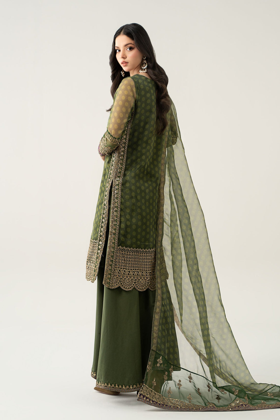 Maria B | Pre Fall Dresses | 3 Piece Embroidered Suit Deep Olive Green - House Of Hania