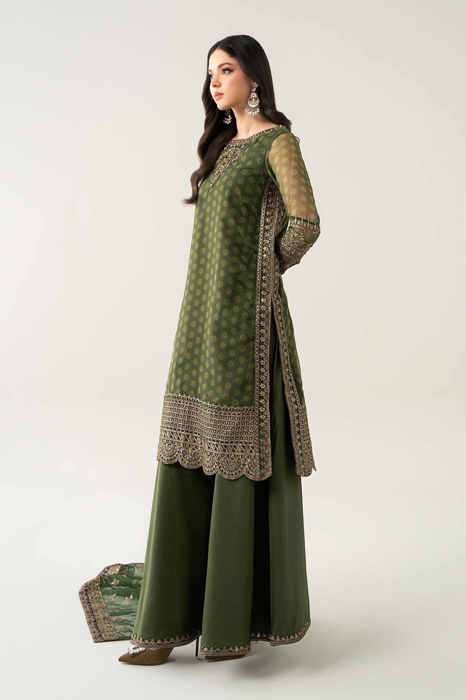 Maria B | Pre Fall Dresses | 3 Piece Embroidered Suit Deep Olive Green - House Of Hania