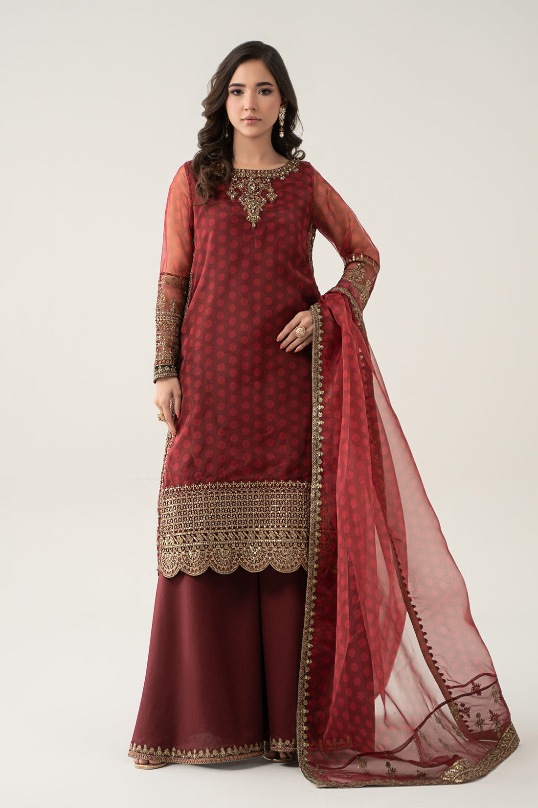 Maria B | Pre Fall Dresses | 3 Piece Embroidered Suit Marron - House Of Hania