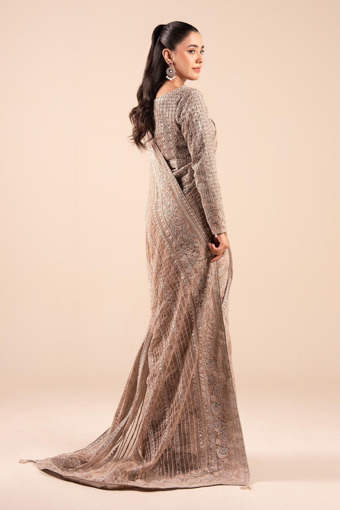Maria B | Pre Fall Dresses | Embroidered Net Saree Light Skin - House Of Hania