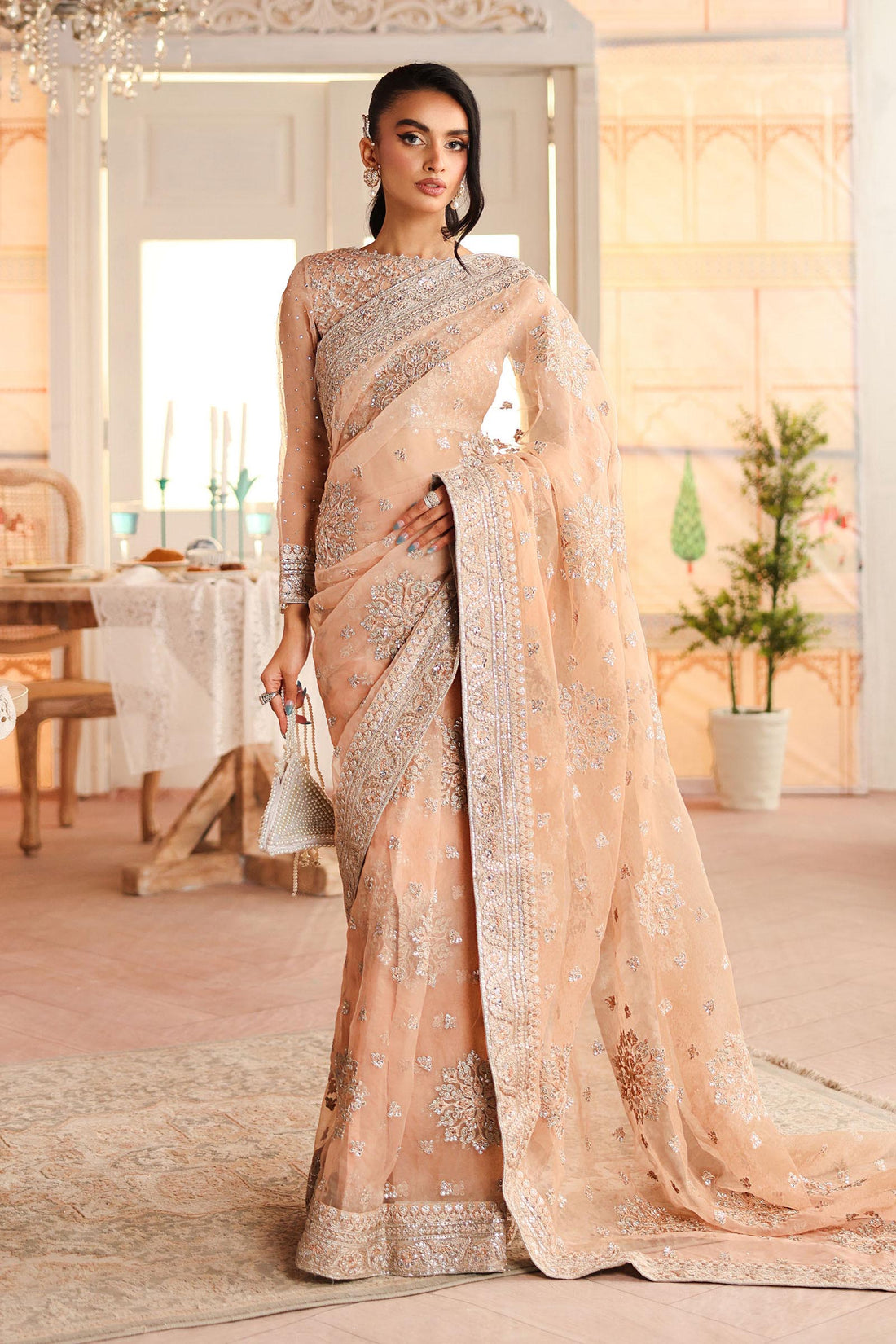Maria B | Pre Fall Dresses | Embroidered Organza Saree Peach - House Of Hania
