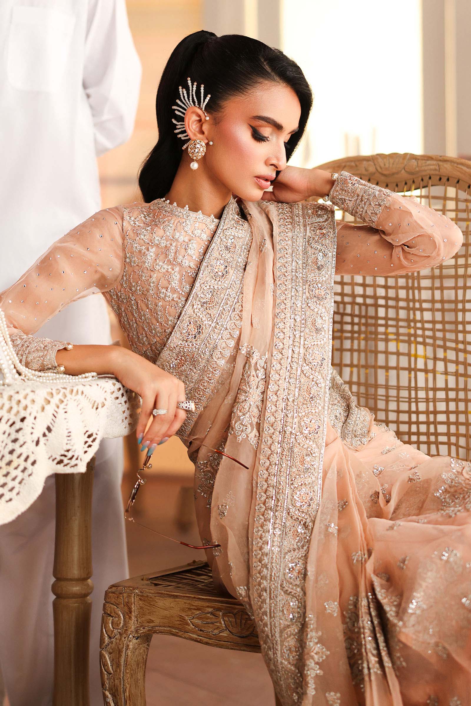 Maria B | Pre Fall Dresses | Embroidered Organza Saree Peach - House Of Hania