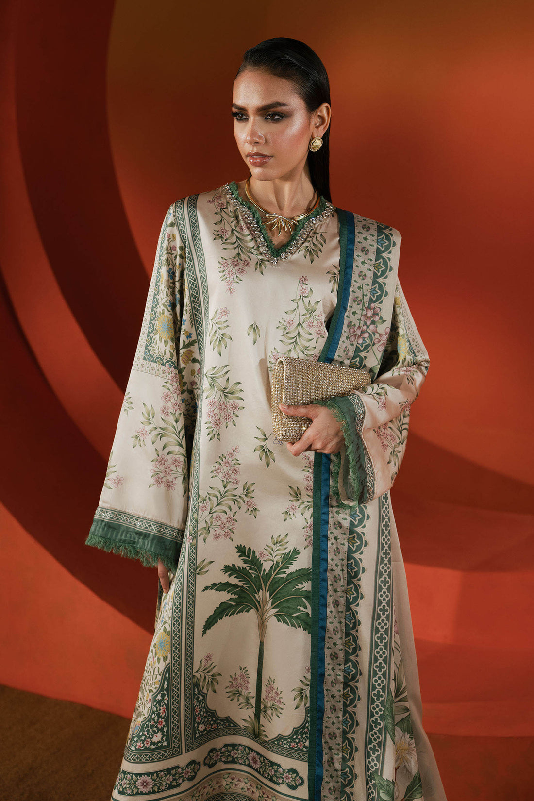 Maria B | Silk Prints | 3 Piece Embellished Satin Silk Suit - House Of Hania