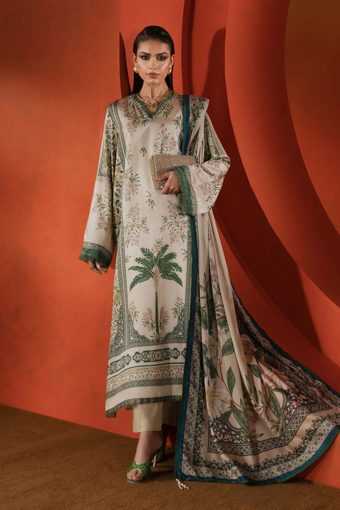 Maria B | Silk Prints | 3 Piece Embellished Satin Silk Suit - House Of Hania