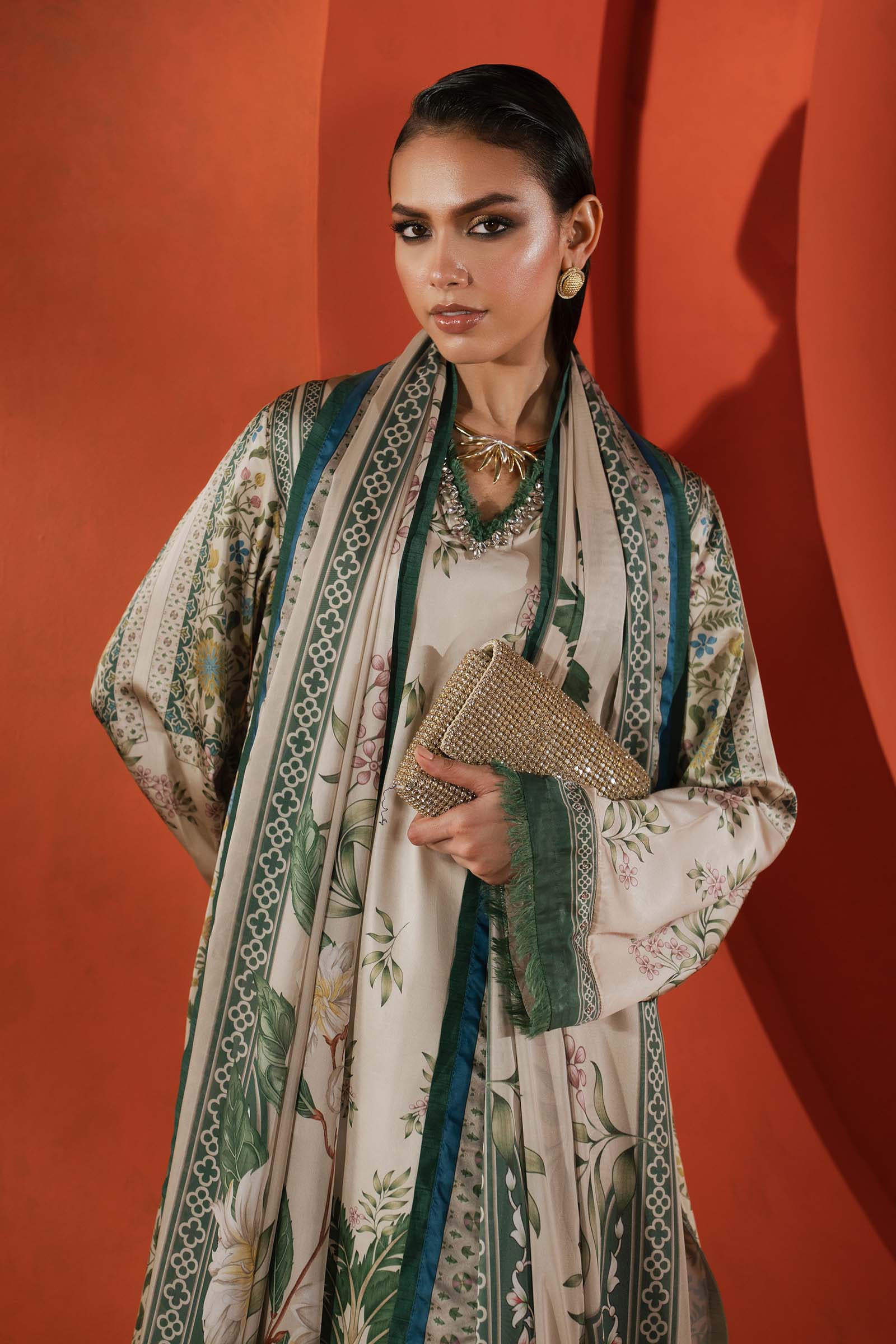 Maria B | Silk Prints | 3 Piece Embellished Satin Silk Suit - House Of Hania