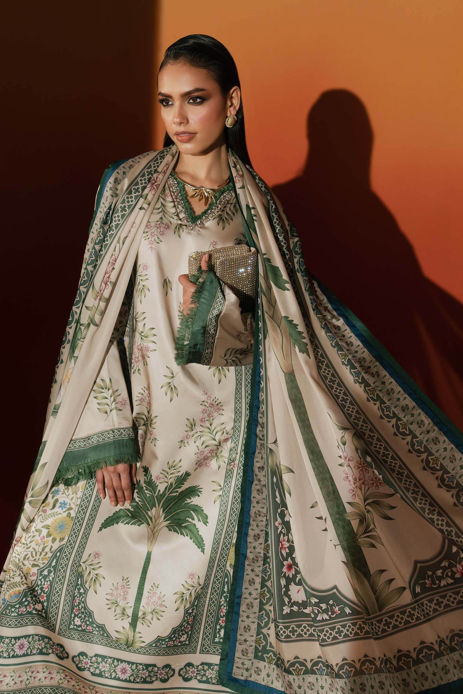Maria B | Silk Prints | 3 Piece Embellished Satin Silk Suit - House Of Hania