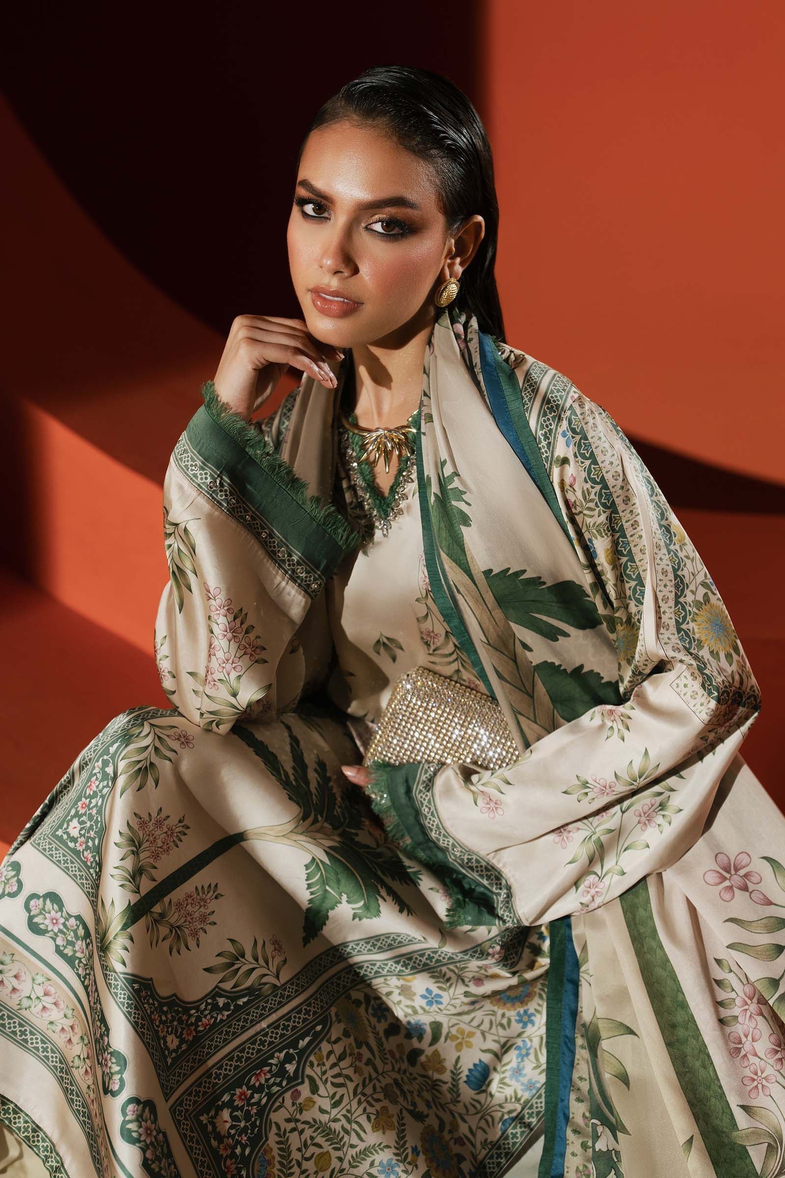 Maria B | Silk Prints | 3 Piece Embellished Satin Silk Suit - House Of Hania