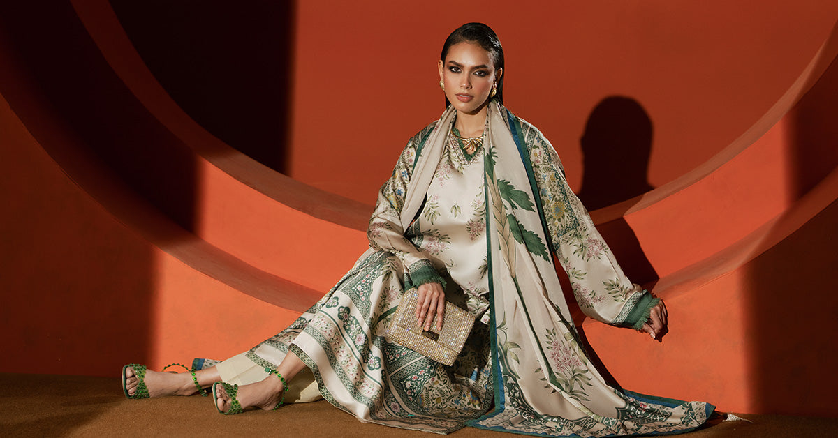 Maria B | Silk Prints | 3 Piece Embellished Satin Silk Suit - House Of Hania