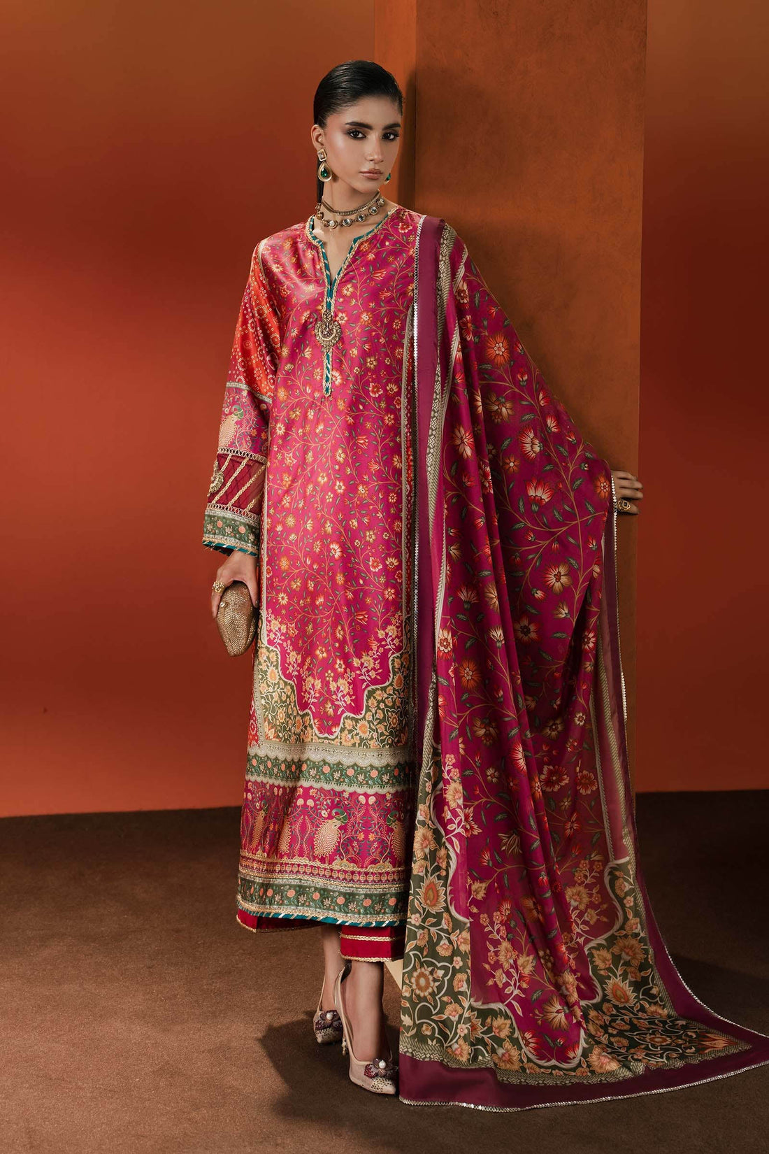 Maria B | Silk Prints | 3 Piece Embroidered Satin Silk Suit - House Of Hania