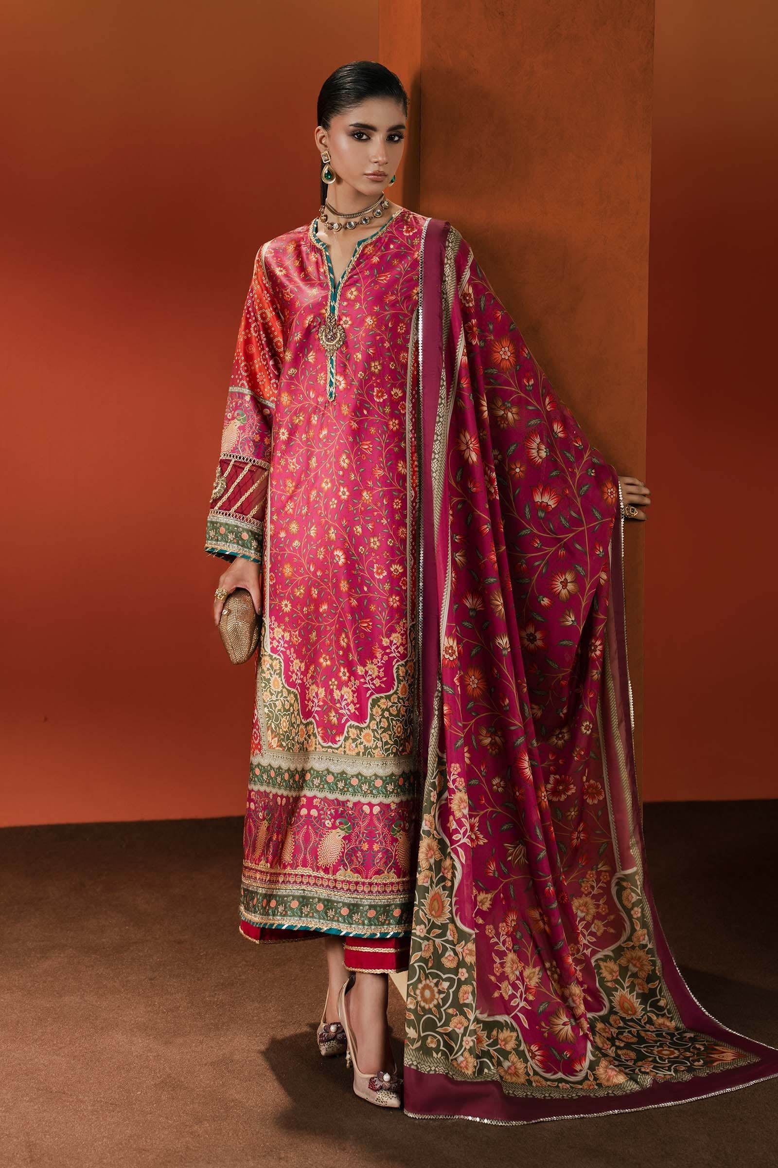 Maria B | Silk Prints | 3 Piece Embroidered Satin Silk Suit - House Of Hania