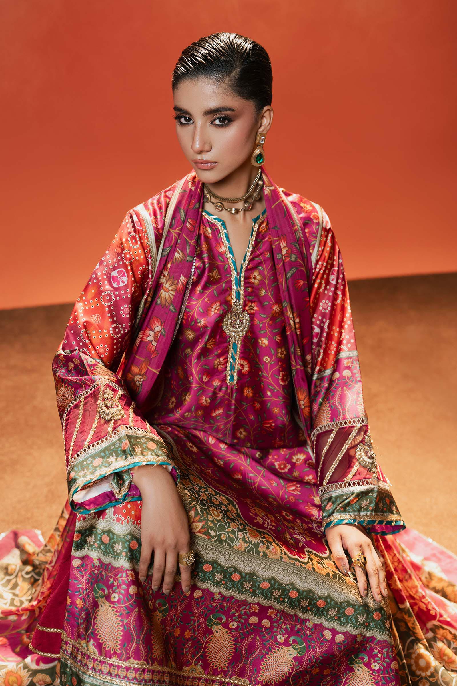 Maria B | Silk Prints | 3 Piece Embroidered Satin Silk Suit - House Of Hania