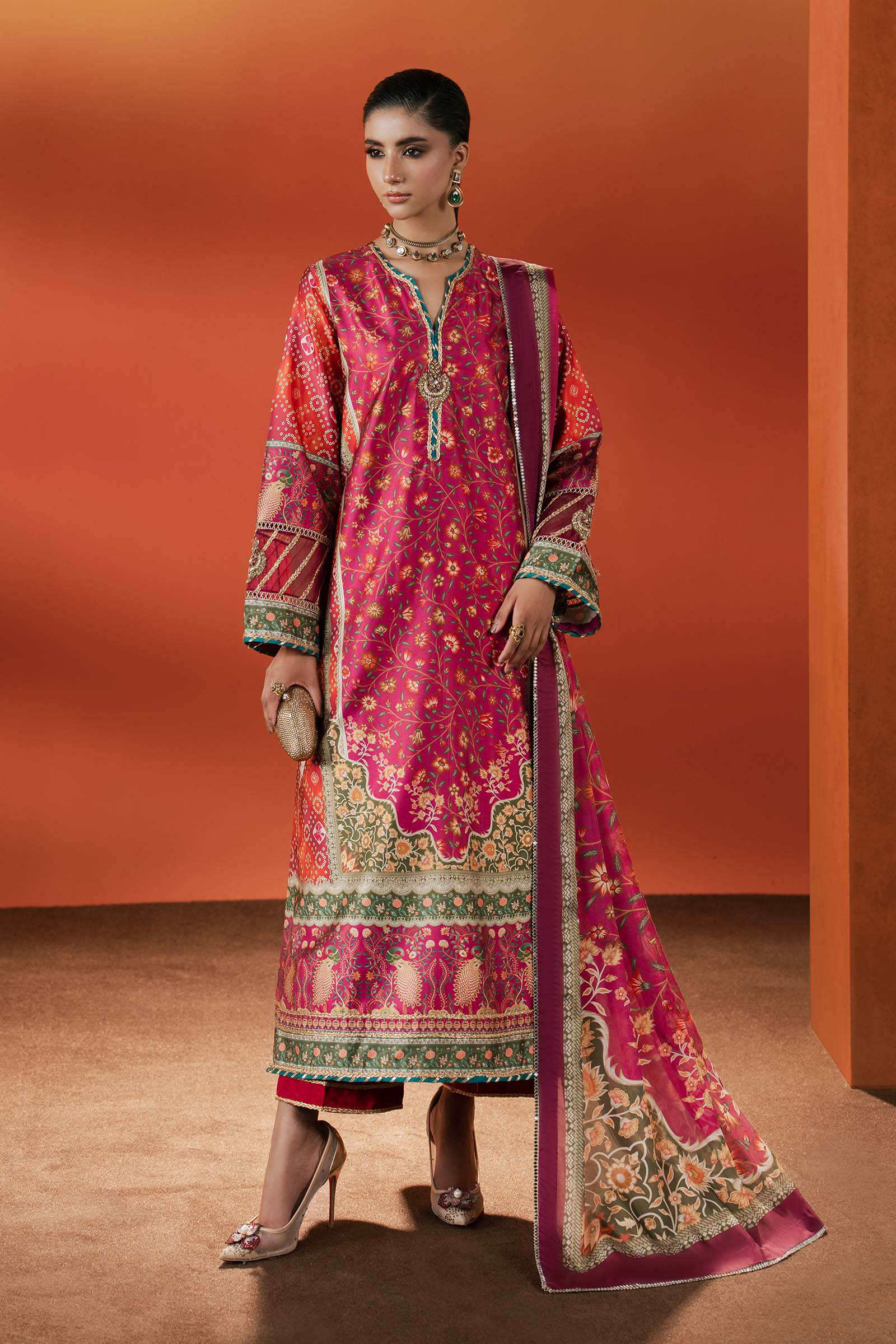 Maria B | Silk Prints | 3 Piece Embroidered Satin Silk Suit - House Of Hania