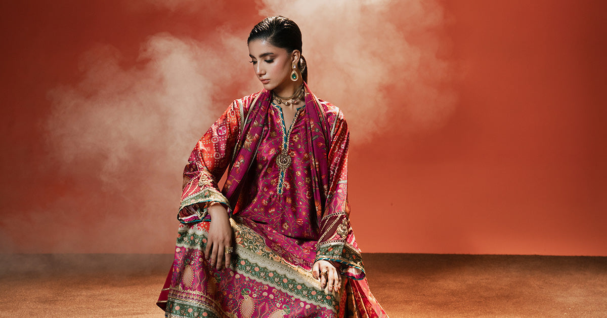 Maria B | Silk Prints | 3 Piece Embroidered Satin Silk Suit - House Of Hania