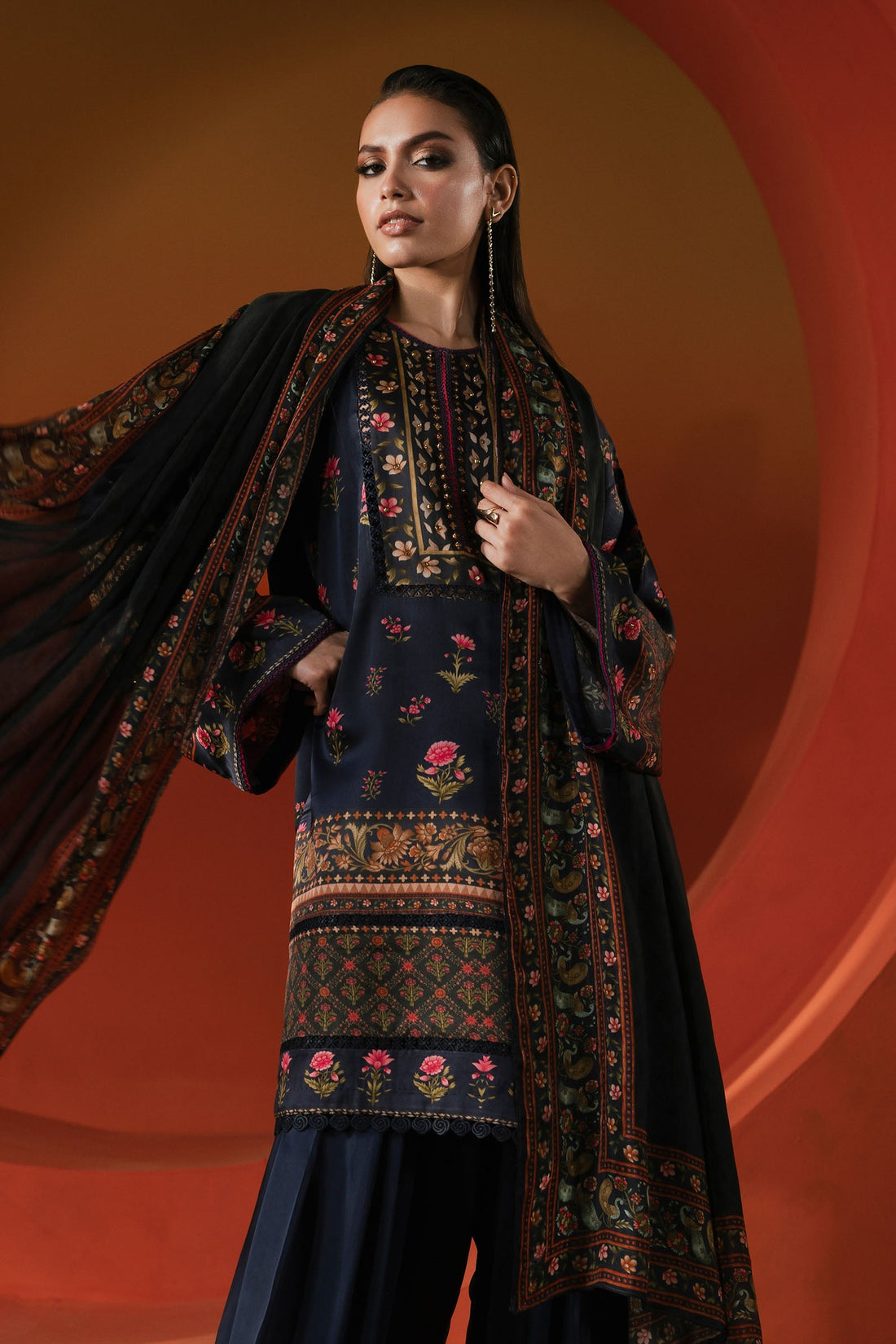 Maria B | Silk Prints | 3 Piece Printed Satin Silk Suit - House Of Hania