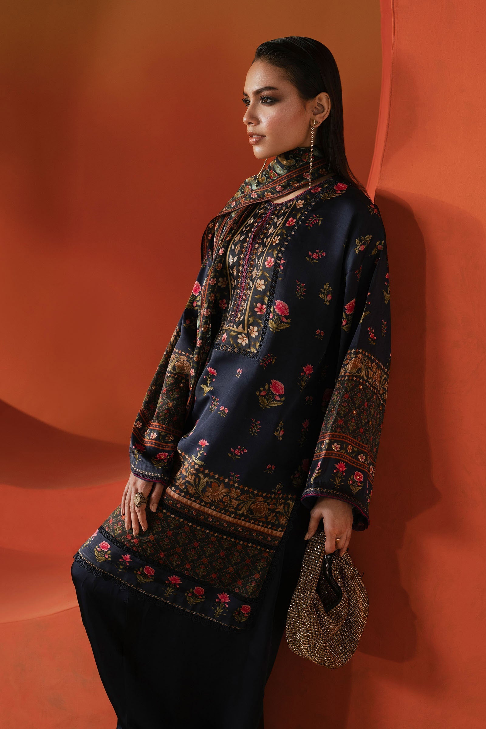 Maria B | Silk Prints | 3 Piece Printed Satin Silk Suit - House Of Hania