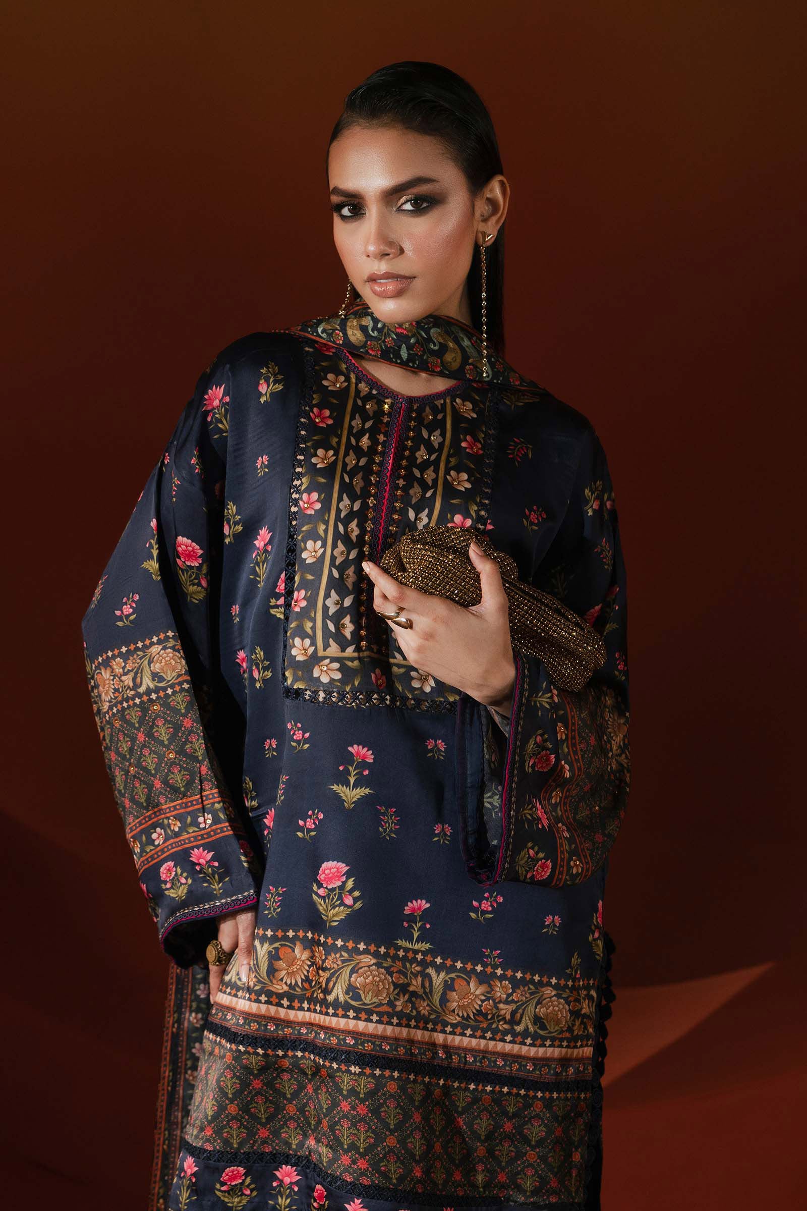 Maria B | Silk Prints | 3 Piece Printed Satin Silk Suit - House Of Hania