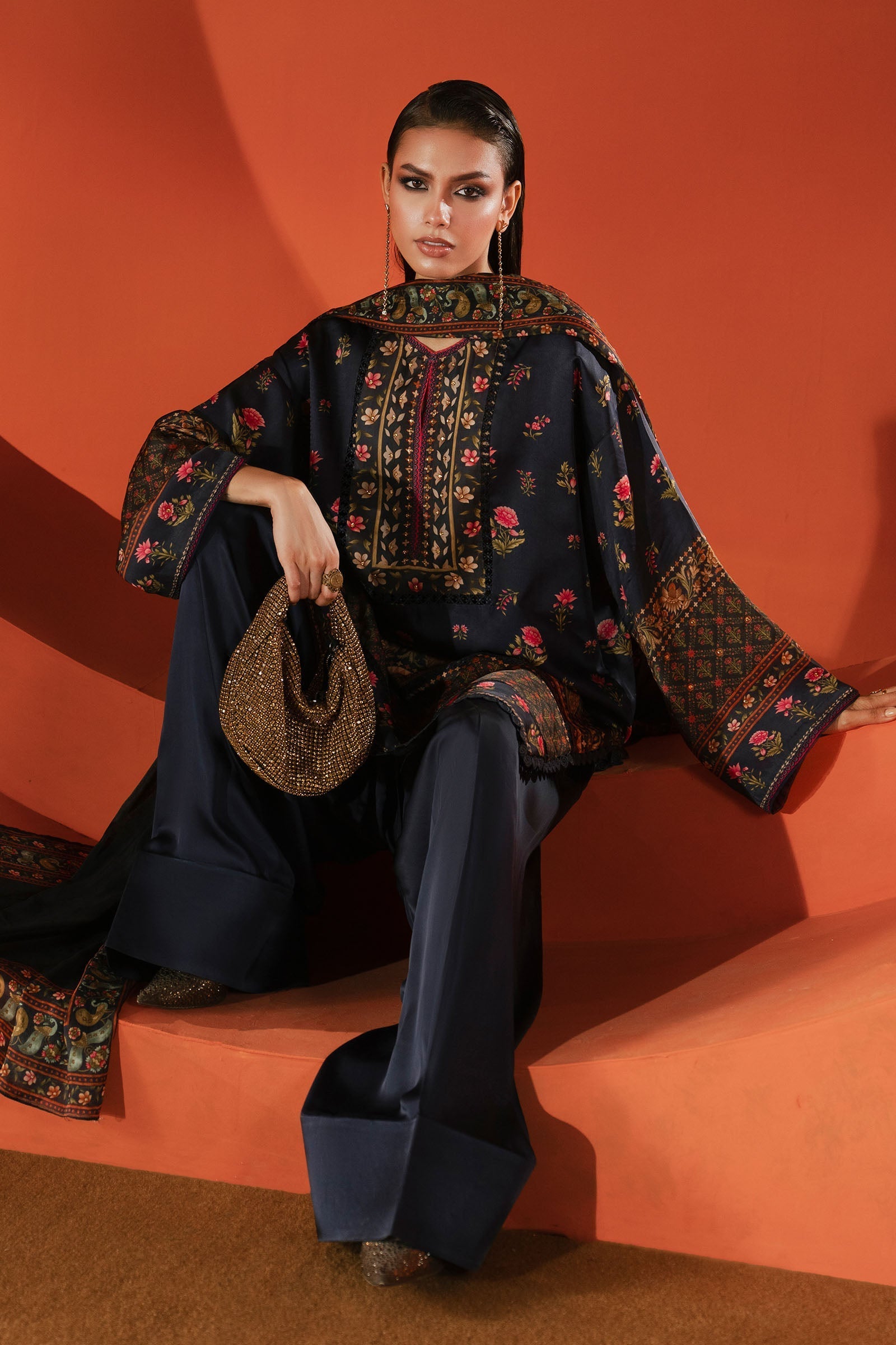 Maria B | Silk Prints | 3 Piece Printed Satin Silk Suit - House Of Hania
