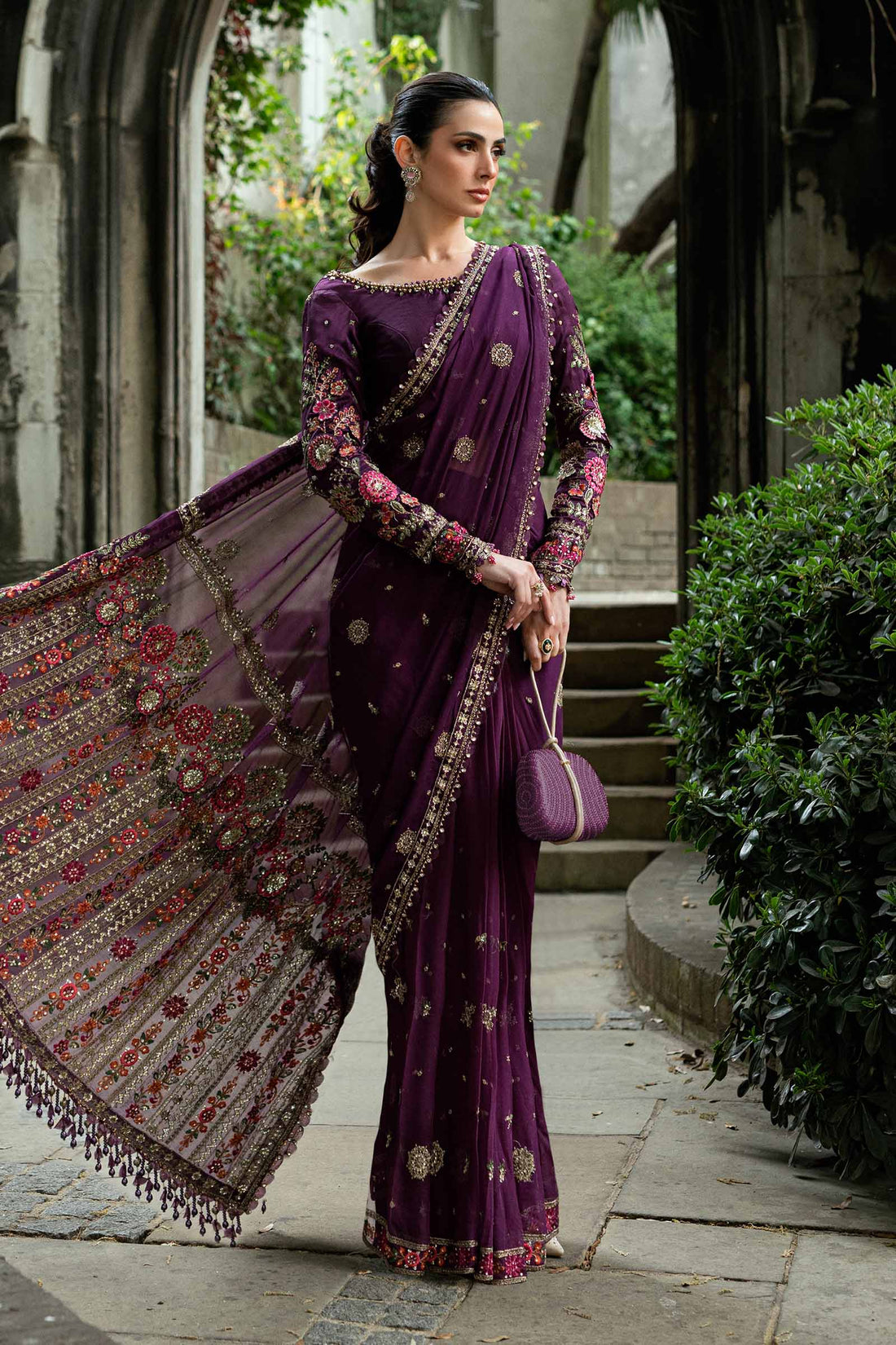 Maria B | Soiree Collection | Embroidered Chiffon Saree WF-09-01-Purple - House Of Hania