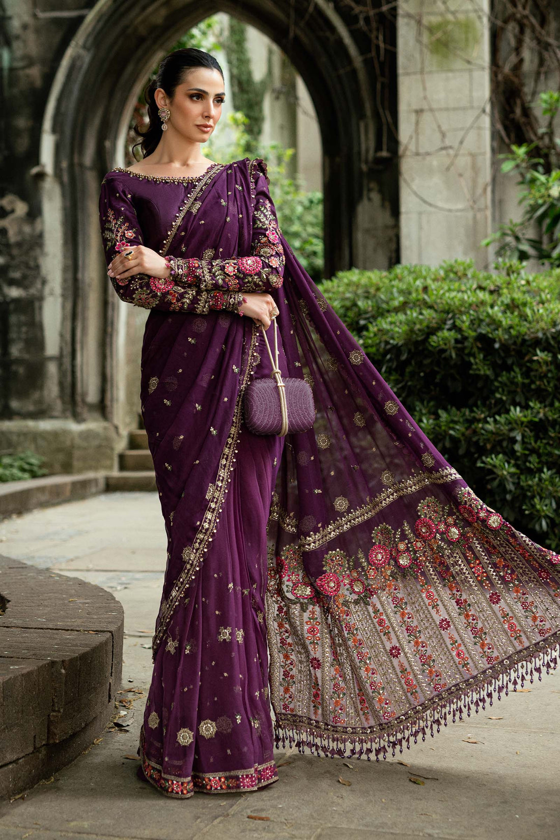 Maria B | Soiree Collection | Embroidered Chiffon Saree WF-09-01-Purple - House Of Hania