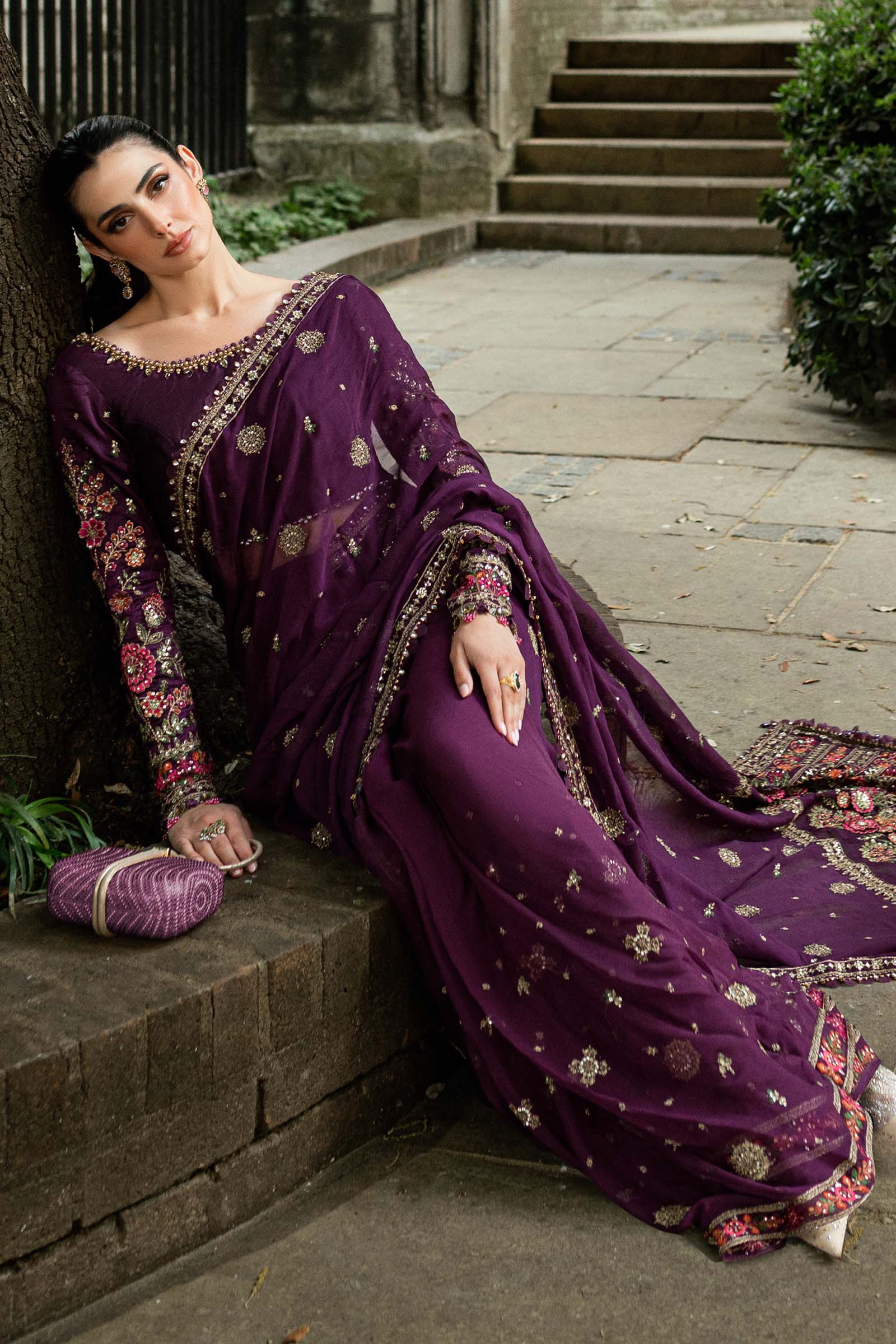 Maria B | Soiree Collection | Embroidered Chiffon Saree WF-09-01-Purple - House Of Hania