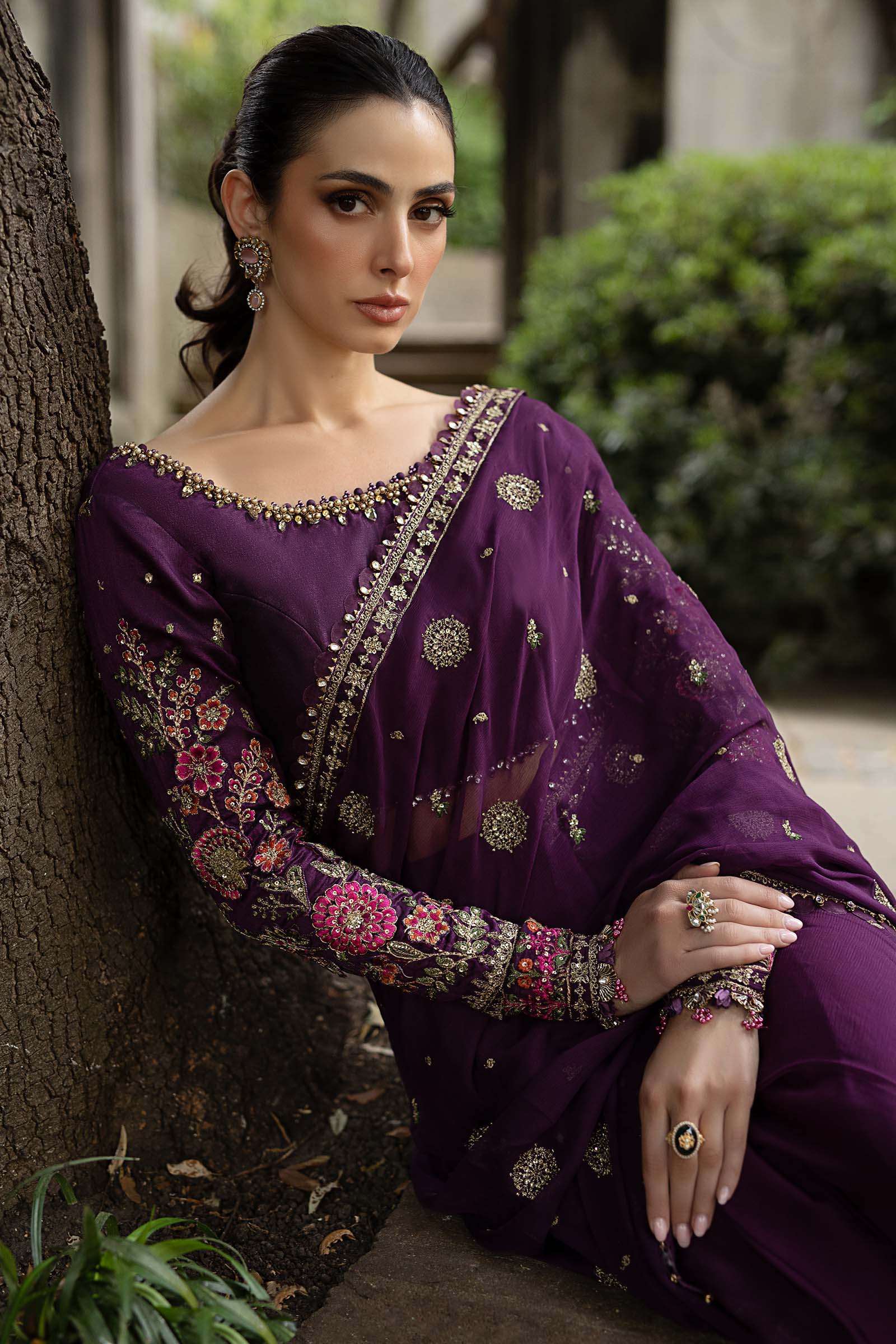 Maria B | Soiree Collection | Embroidered Chiffon Saree WF-09-01-Purple - House Of Hania