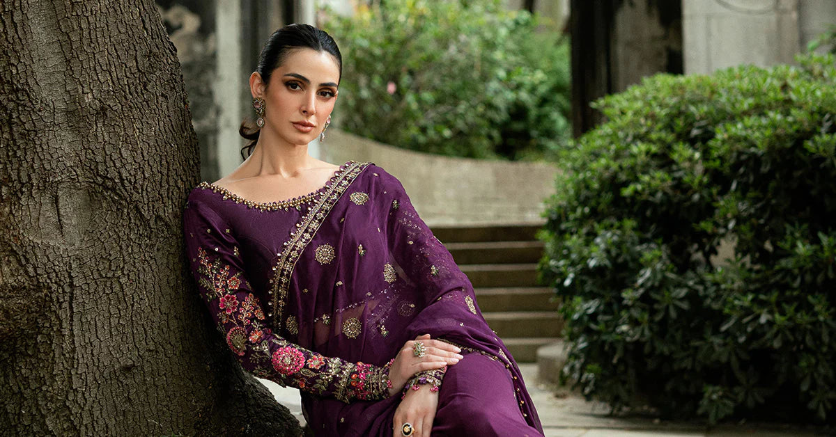 Maria B | Soiree Collection | Embroidered Chiffon Saree WF-09-01-Purple - House Of Hania
