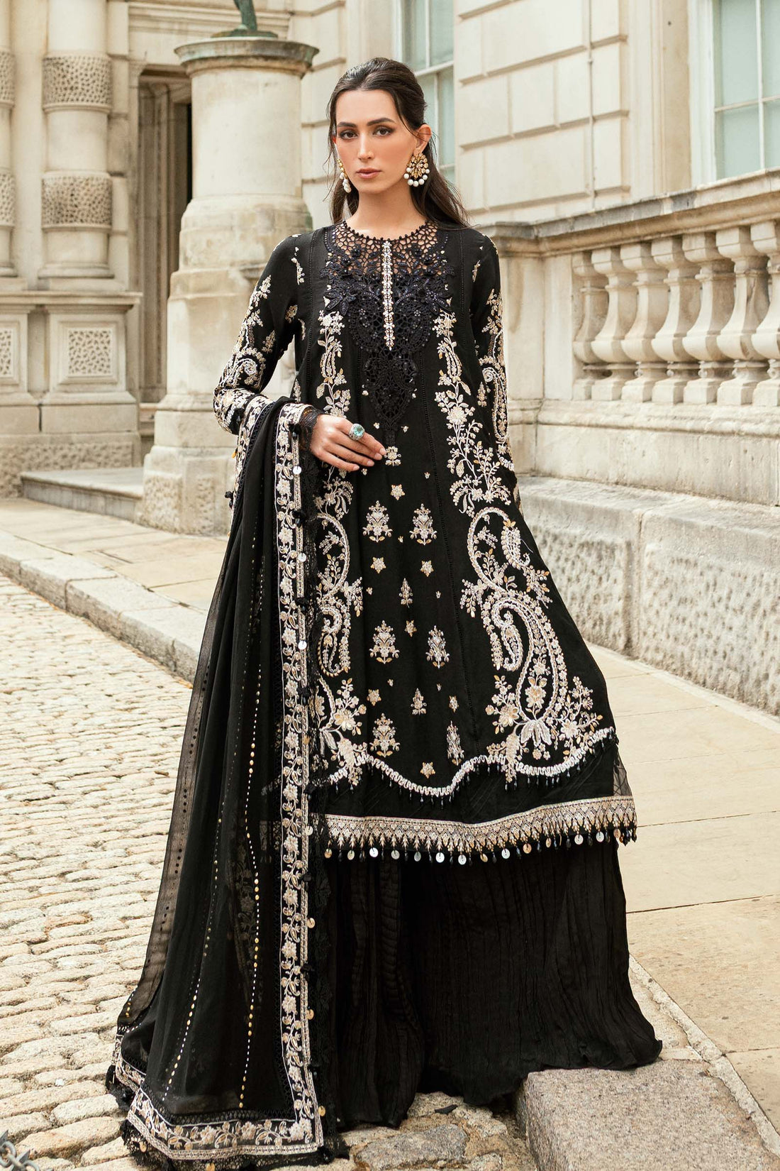 Maria B | Soiree Collection | Embroidered Raw Silk Suit WF-09-03-Black - House Of Hania