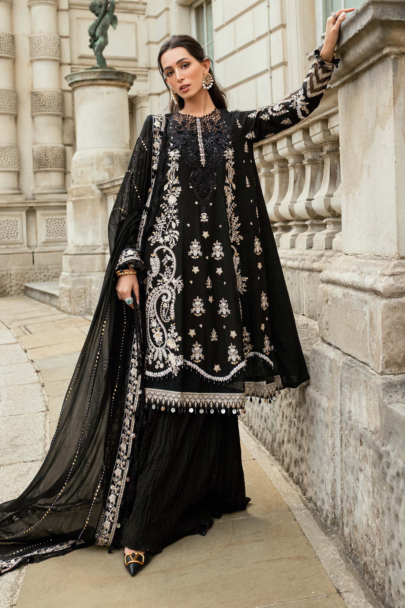 Maria B | Soiree Collection | Embroidered Raw Silk Suit WF-09-03-Black - House Of Hania