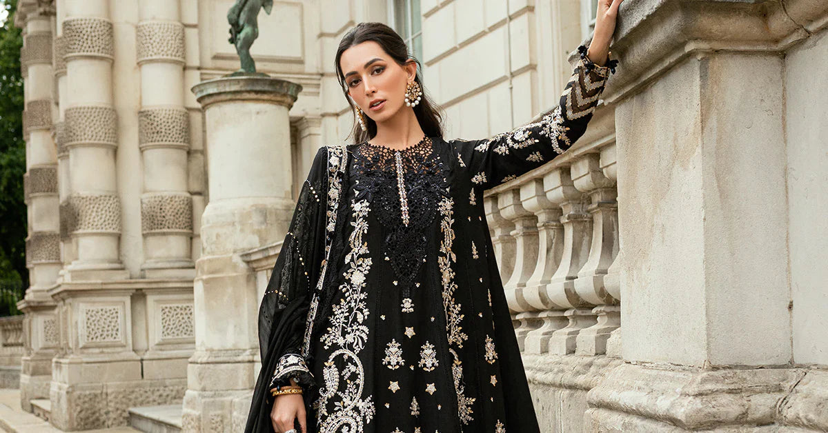 Maria B | Soiree Collection | Embroidered Raw Silk Suit WF-09-03-Black - House Of Hania