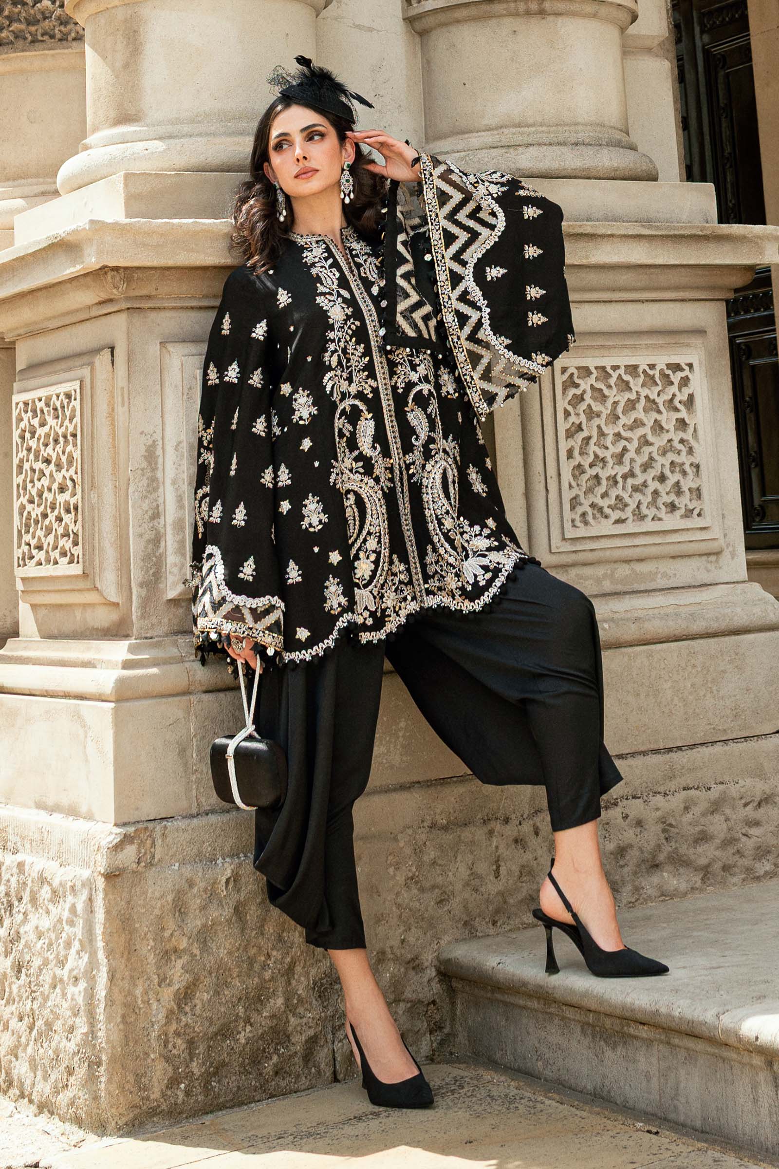 Maria B | Soiree Collection | Embroidered Raw Silk Suit WF-09-03-Black - House Of Hania