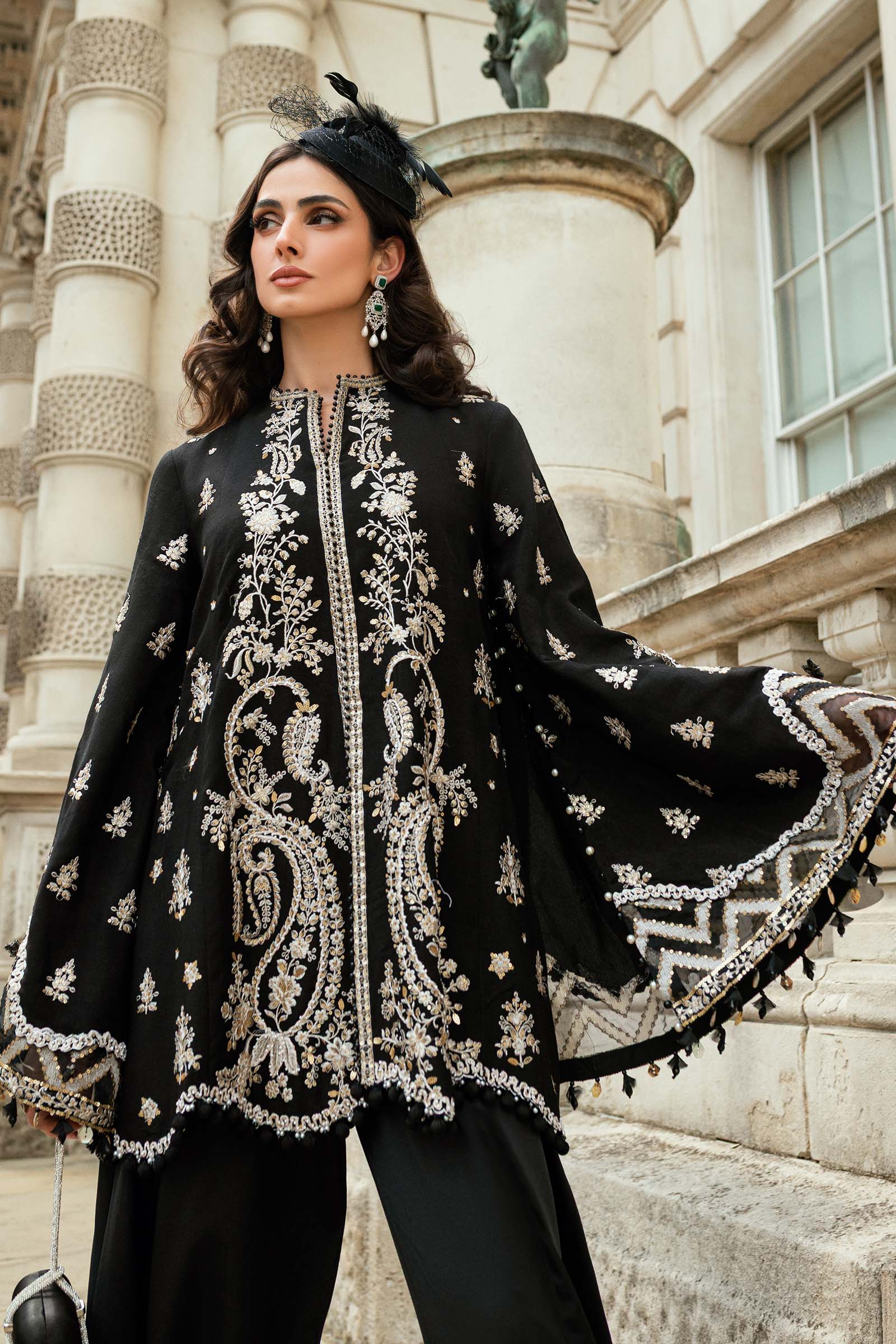 Maria B | Soiree Collection | Embroidered Raw Silk Suit WF-09-03-Black - House Of Hania