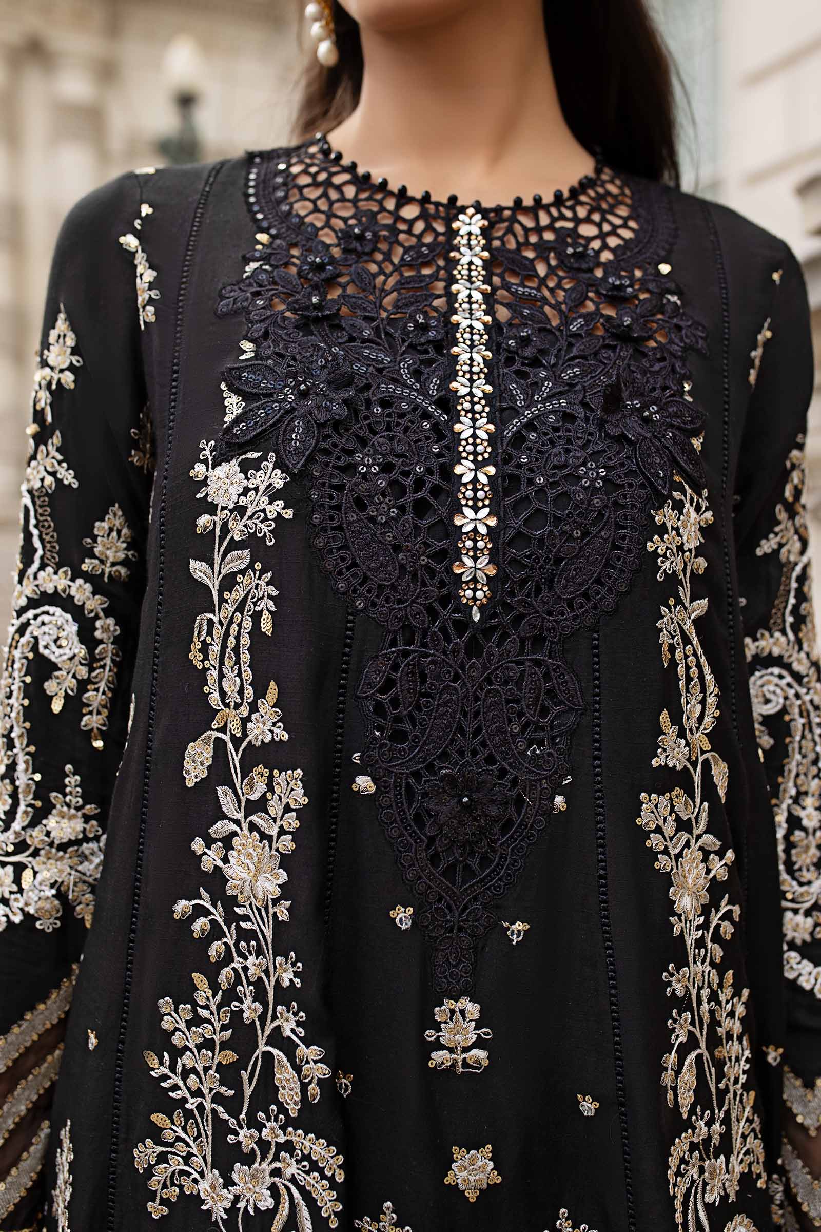 Maria B | Soiree Collection | Embroidered Raw Silk Suit WF-09-03-Black - House Of Hania