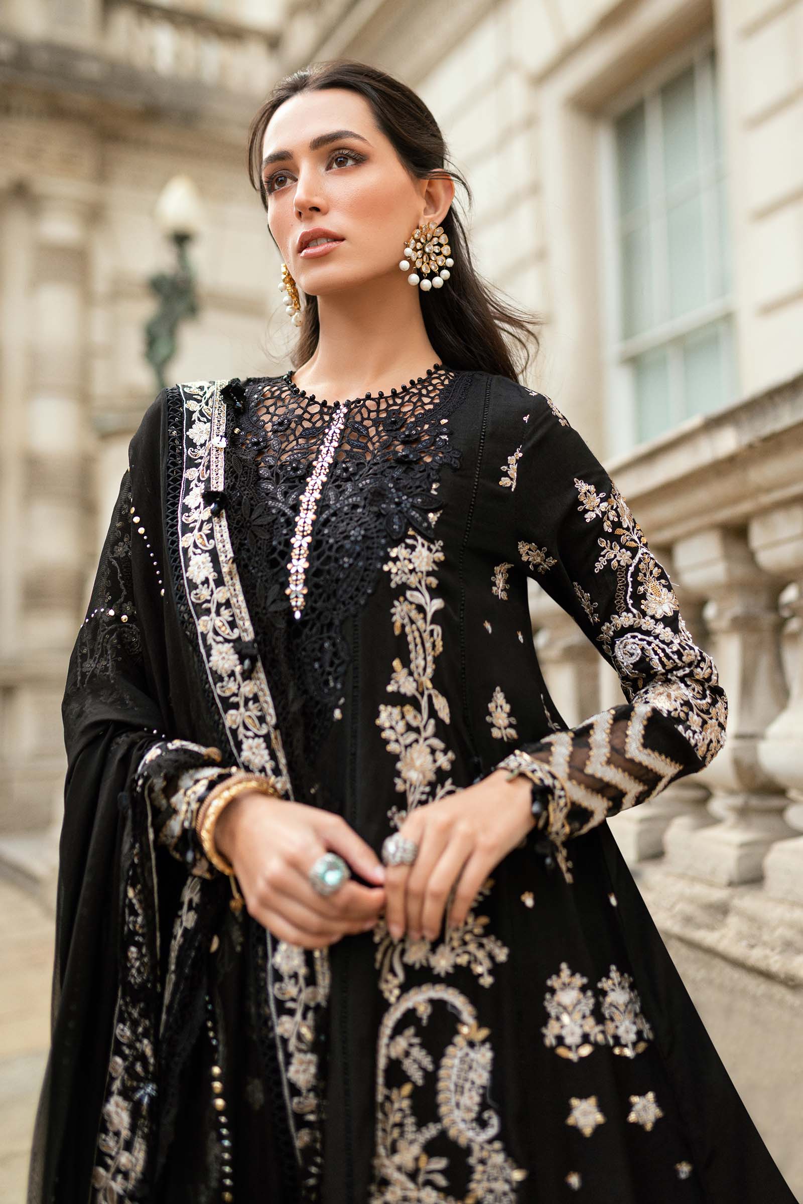 Maria B | Soiree Collection | Embroidered Raw Silk Suit WF-09-03-Black - House Of Hania