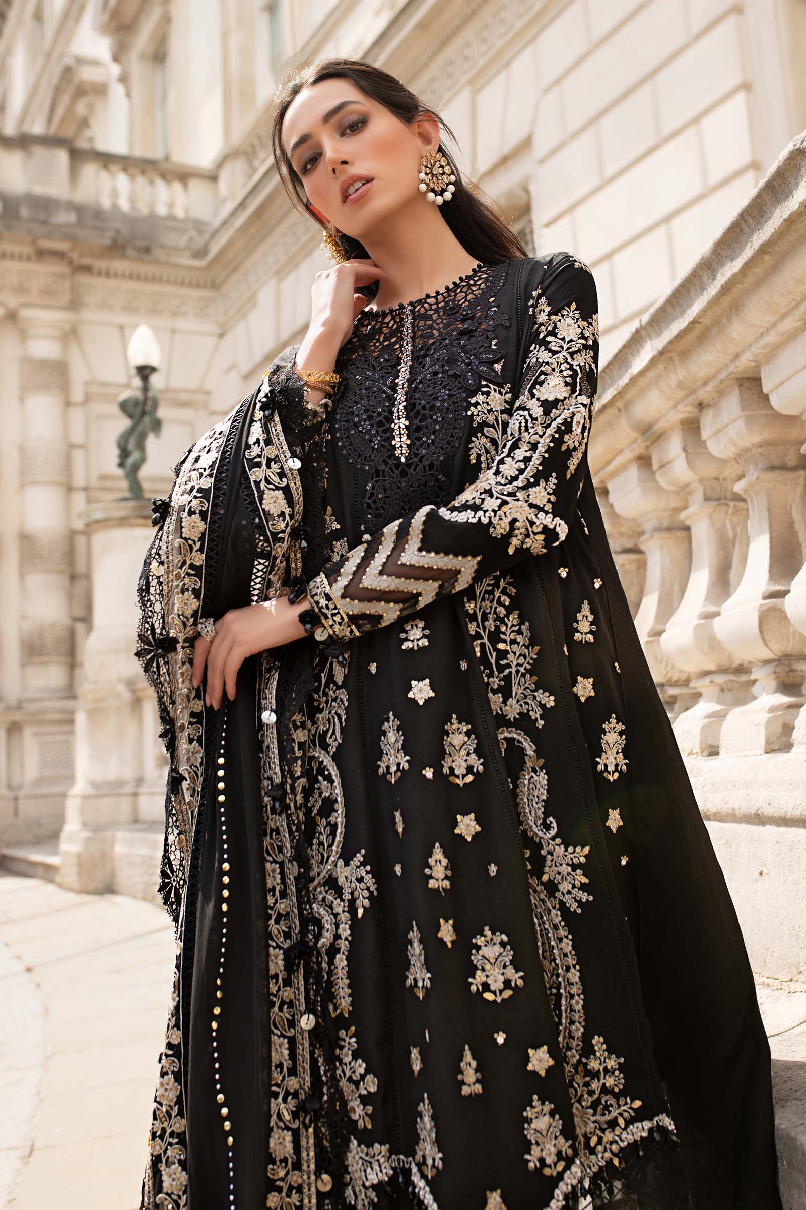 Maria B | Soiree Collection | Embroidered Raw Silk Suit WF-09-03-Black - House Of Hania
