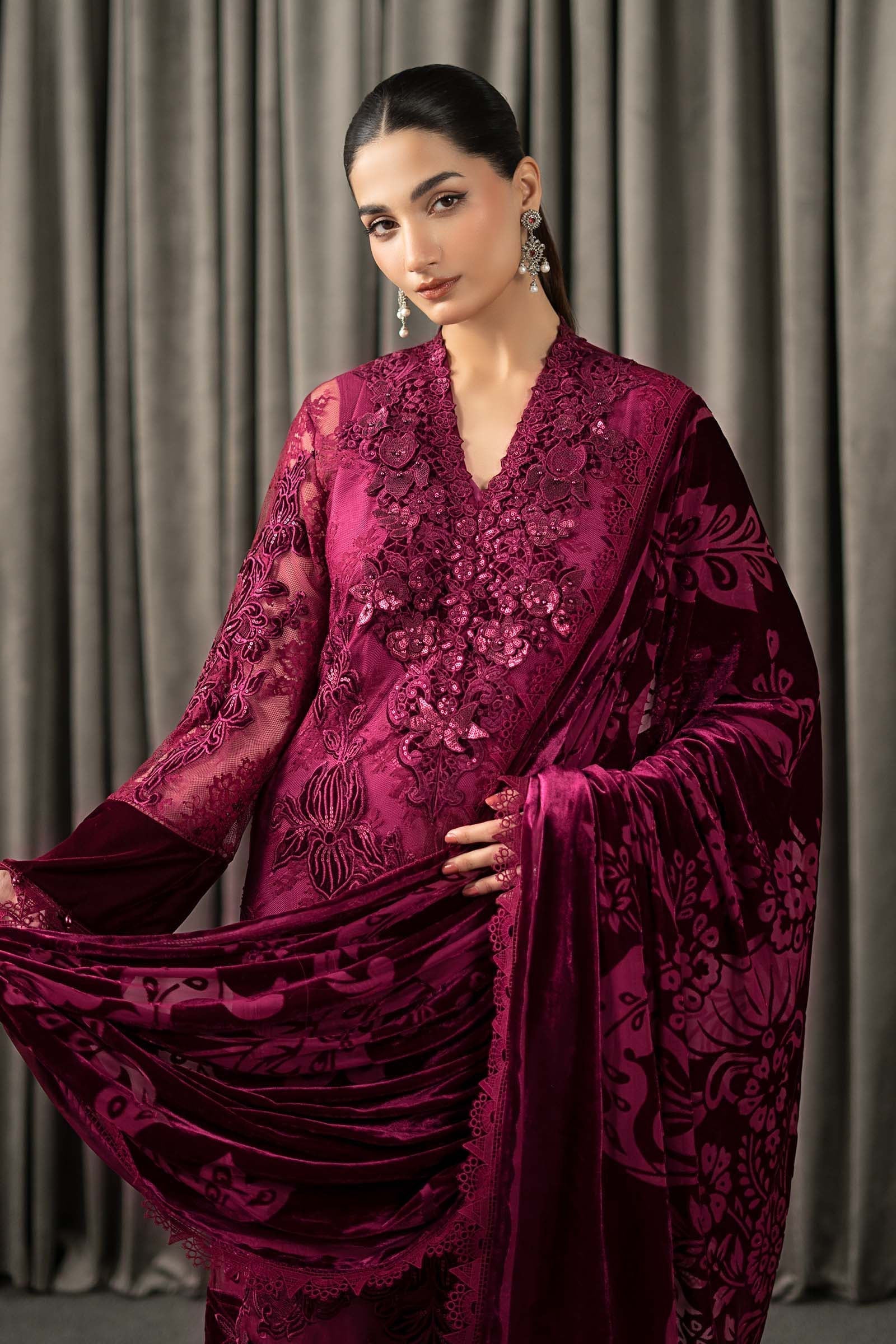 Maria B | Winter Luxe Pret 25 | WLS-1308-Maroon - House Of Hania