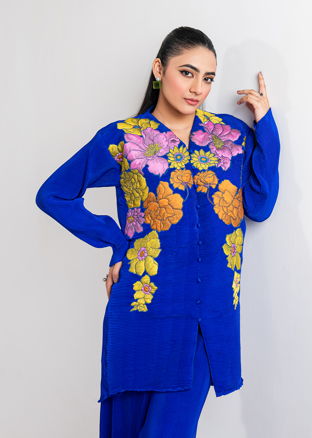 Maria Osama Khan | Claire Pleated Silk | Azure - House Of Hania