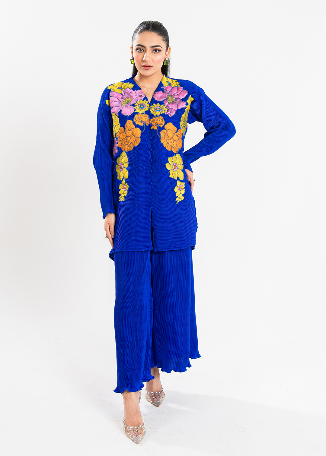 Maria Osama Khan | Claire Pleated Silk | Azure - House Of Hania