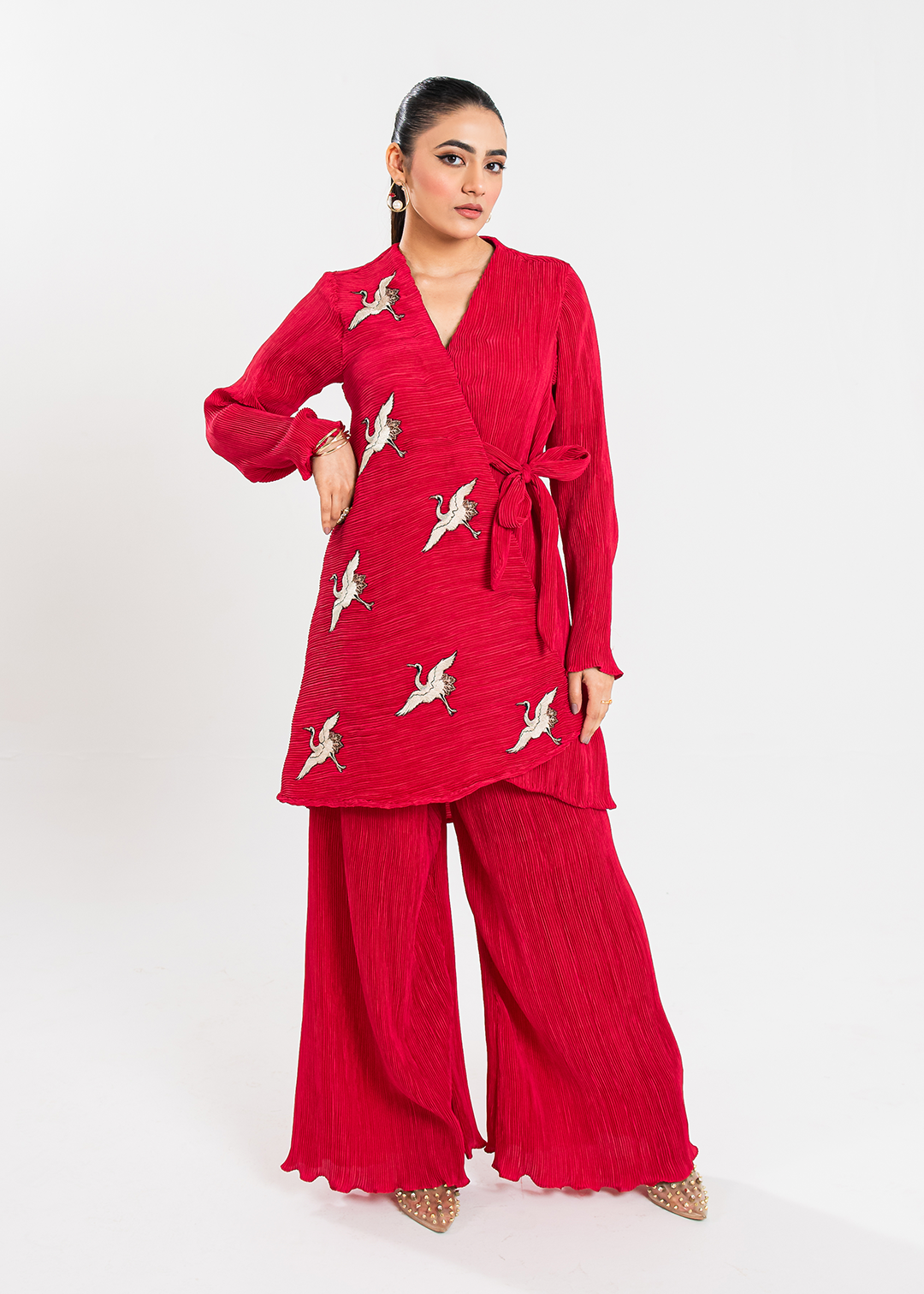 Maria Osama Khan | Claire Pleated Silk | Scarlet - House Of Hania