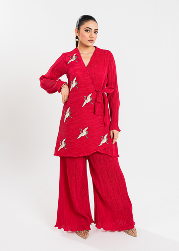 Maria Osama Khan | Claire Pleated Silk | Scarlet - House Of Hania