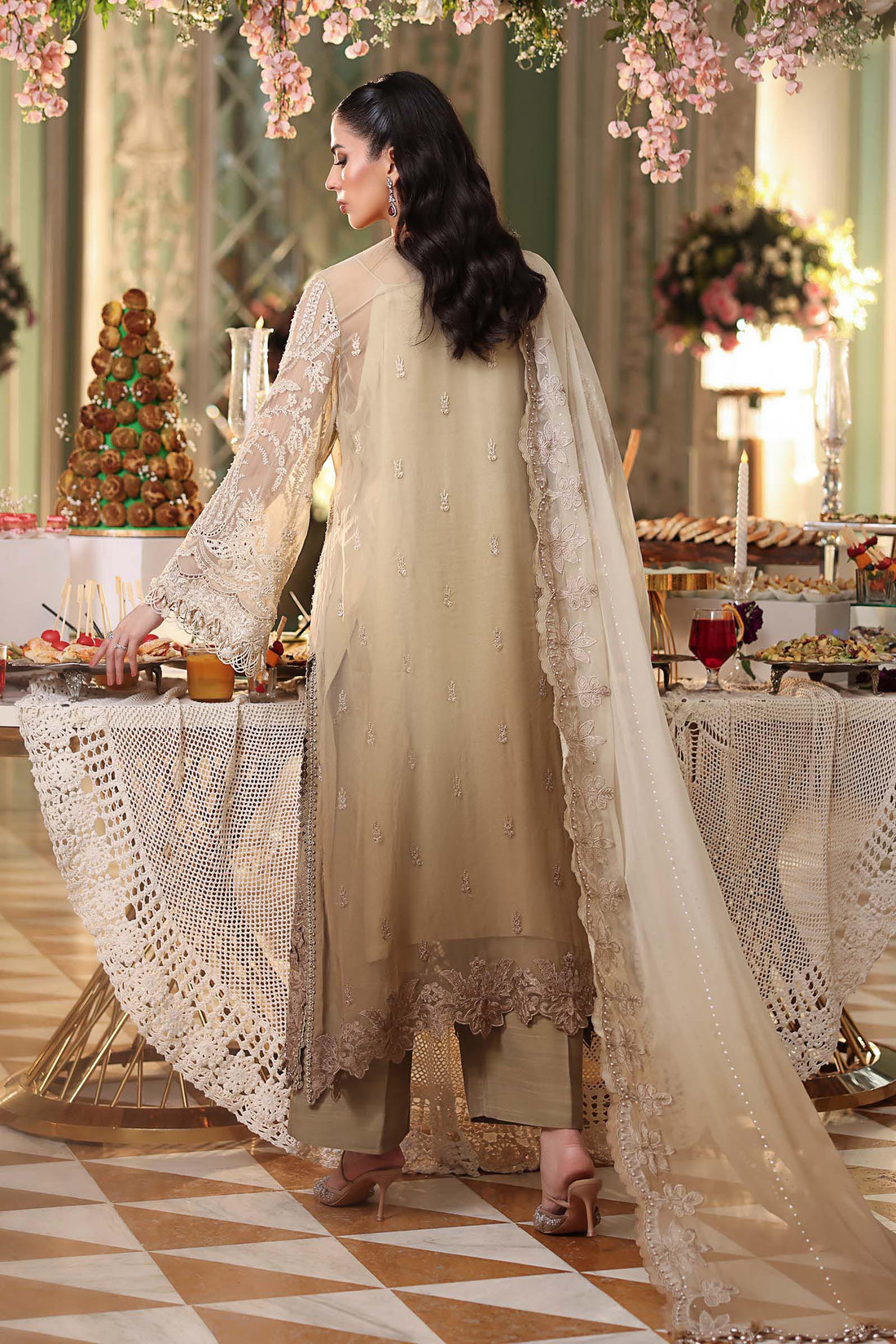 Maria b | Chiffon Formals 26 | MPC-26-103-Olive Gold - House Of Hania