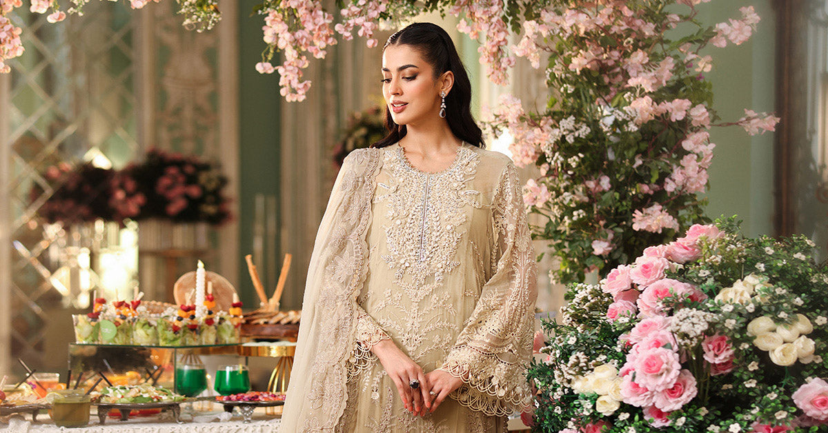 Maria b | Chiffon Formals 26 | MPC-26-103-Olive Gold - House Of Hania