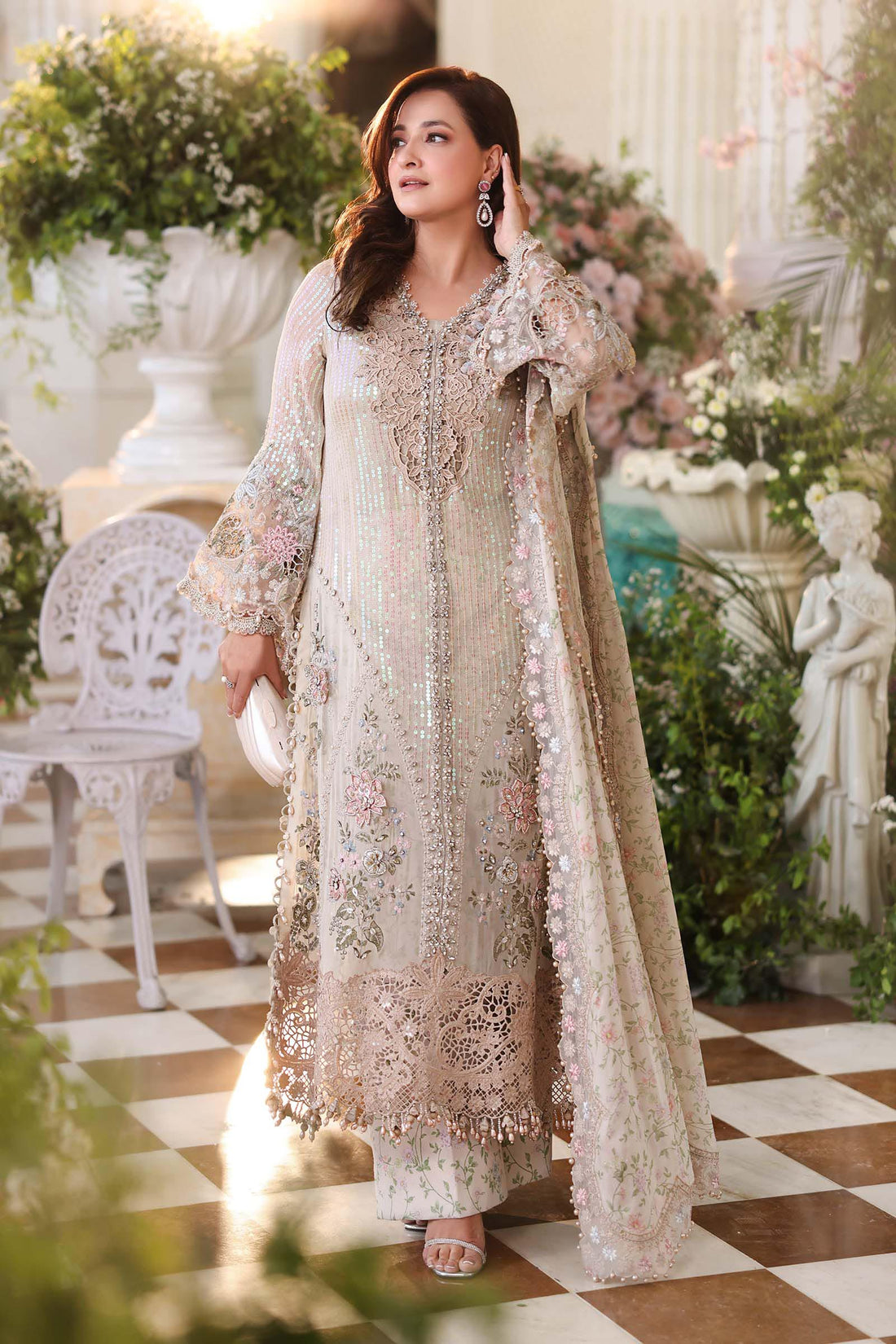 Maria b | Chiffon Formals 26 | MPC-26-107-Ivory Beige - House Of Hania