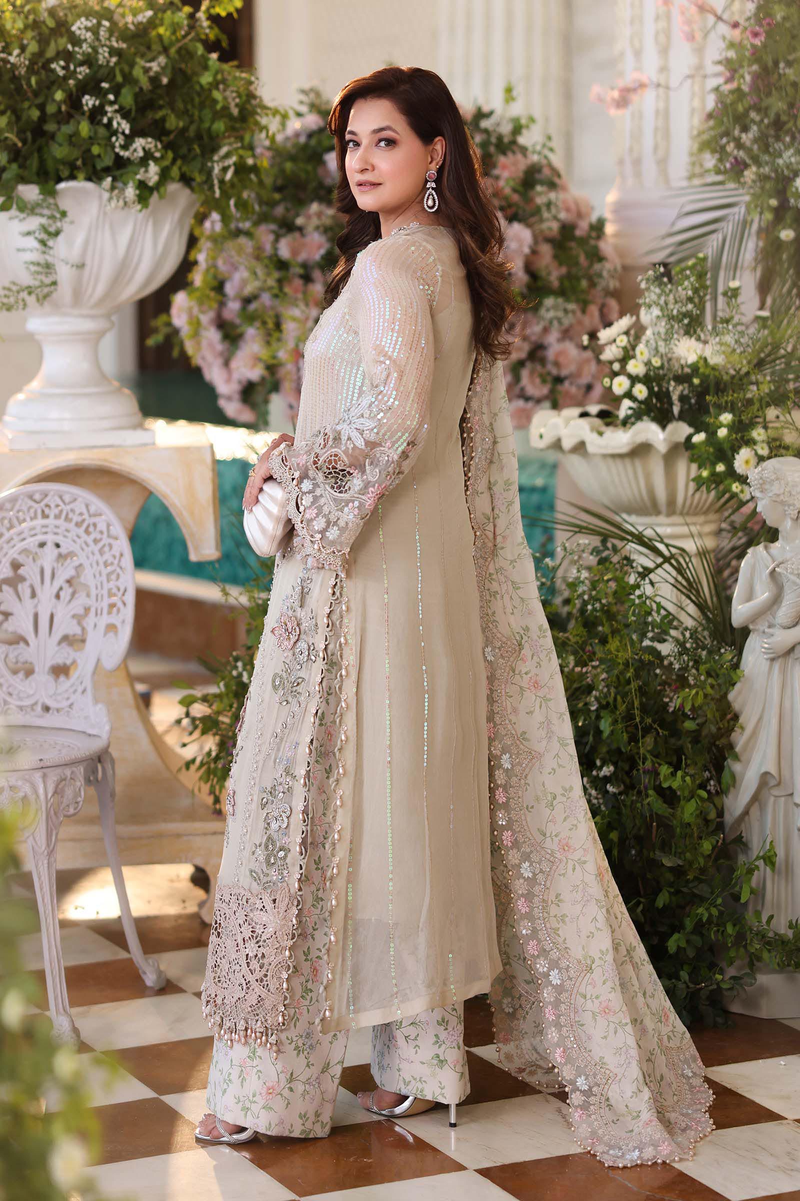 Maria b | Chiffon Formals 26 | MPC-26-107-Ivory Beige - House Of Hania