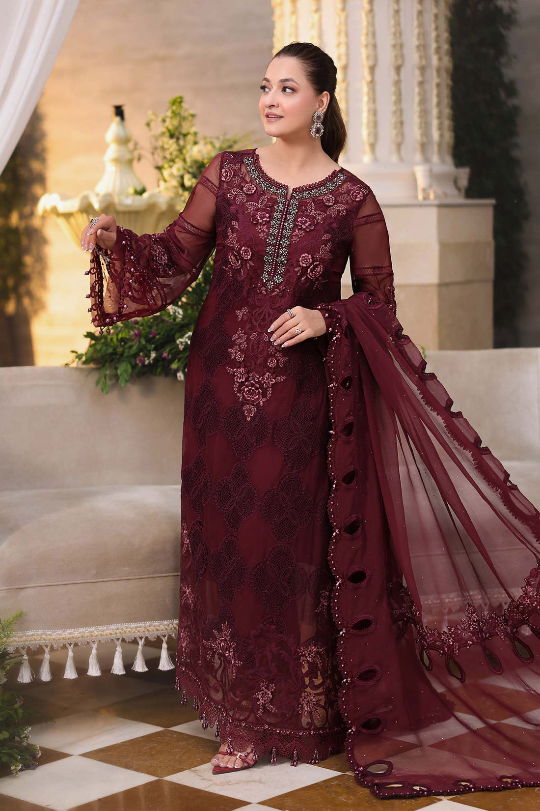 Maria b | Chiffon Formals 26 | MPC-26-108-Burgundy - House Of Hania