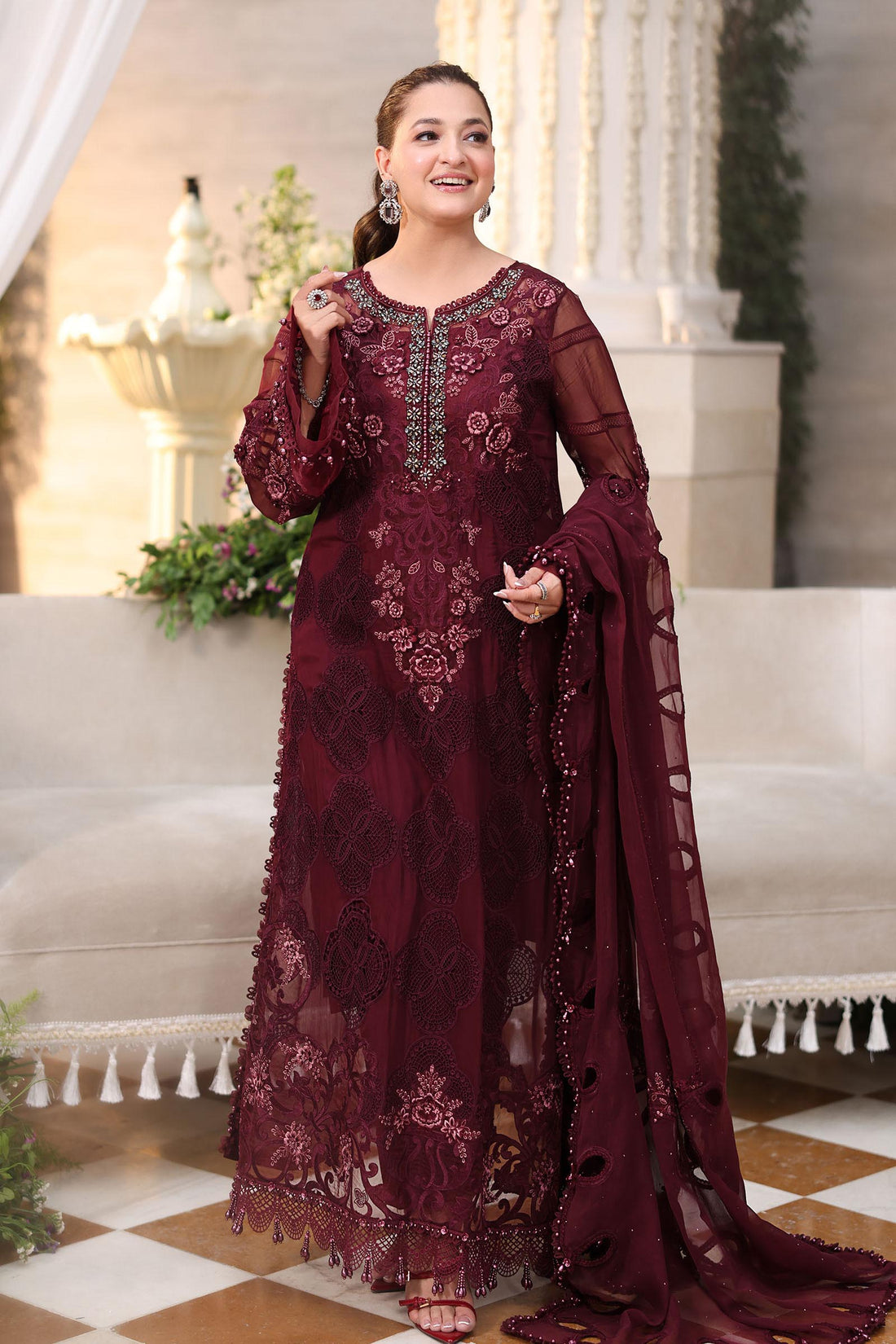Maria b | Chiffon Formals 26 | MPC-26-108-Burgundy - House Of Hania