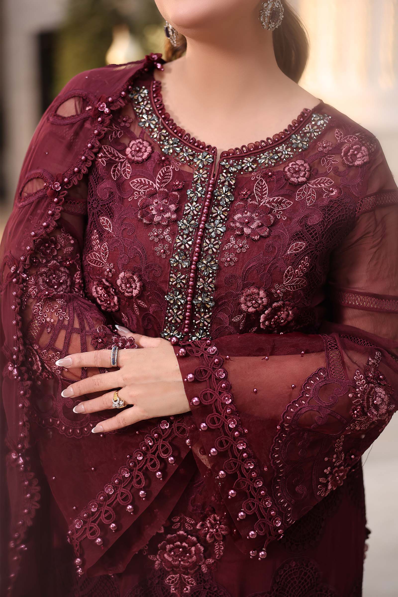 Maria b | Chiffon Formals 26 | MPC-26-108-Burgundy - House Of Hania