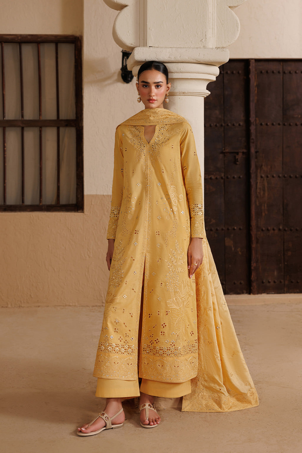 Emaan Adeel MELODY P0118 lawn outfit in mustard yellow — front view