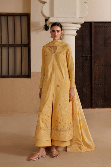 Emaan Adeel MELODY P0118 lawn outfit in mustard yellow — front view