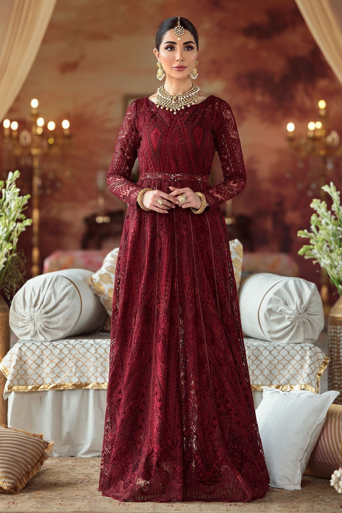 Motifz-2776-MAROON EMBROIDERED SILK NET FABRIC - House Of Hania